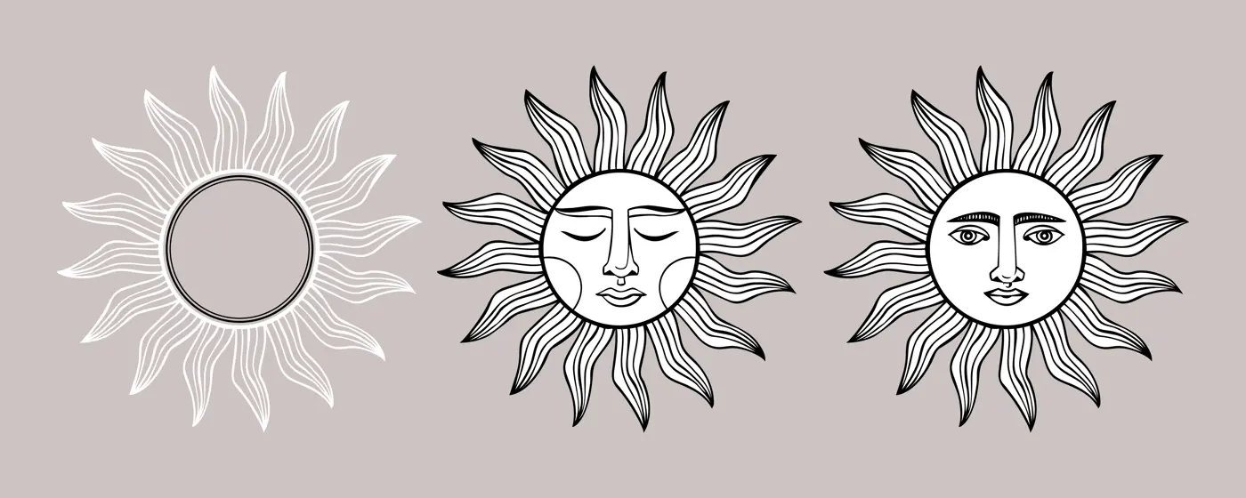 A set of esoteric symbols of sun. Alchemical or mystical magic elements for tarot cards, banners, posters, brochures, stickers. Esoteric astrological symbols. Line art Illustration